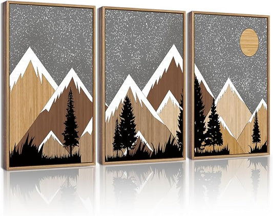 KUVIOKE Morden Mountains Framed Wall Art Boho Pine Tree Forest Nature Landscape Artwork Painting Bohemain Farmhouse Rustic Home Decor 12x16in (Natural Framed)