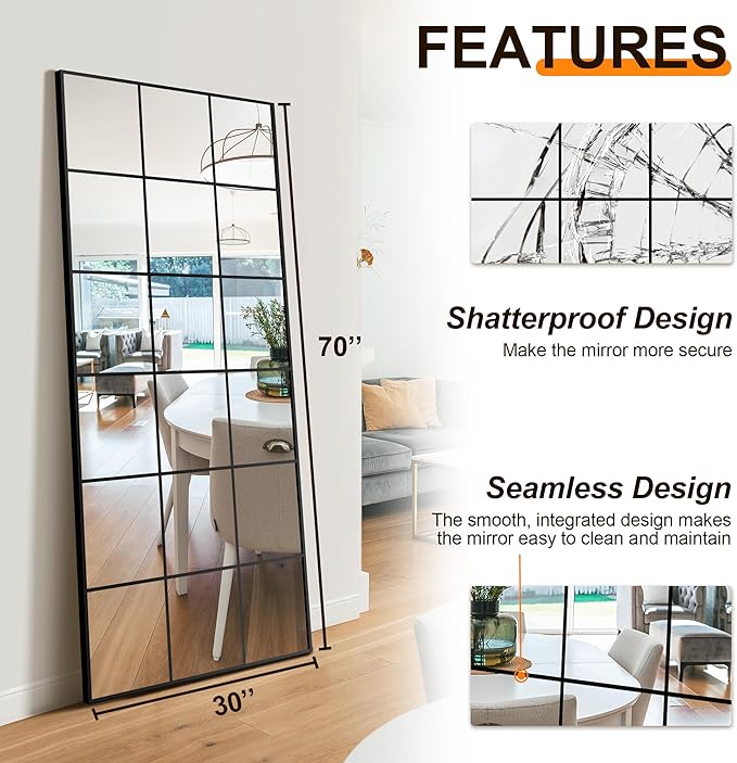 Delma Full Length Mirror, 30"x 70" Window Pane Decorative Mirror for Wall, Black Metal Framed Wall Decor, Wall Mounted, Hanging or Leaning for Bedroom, Living Room, Entryway