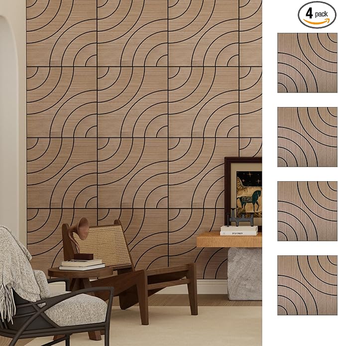 4 Packs Acoustic Wall Panels - Self-Adhesive 3D Wood Slat Wall Panel- Peel and Stick Sound Absorbing Panels for Noise Reducing - Feature Wall Decor for Home & Office