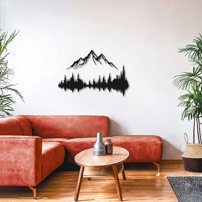 Metal Wall Art - Mountain & Forest Metal Wall Decor - Large Wall Sculpture for Rustic Home Living Room Bedroom Indoor/Outdoor (Black, 23.6'' x 15.7'' / 60 x 40 cm)