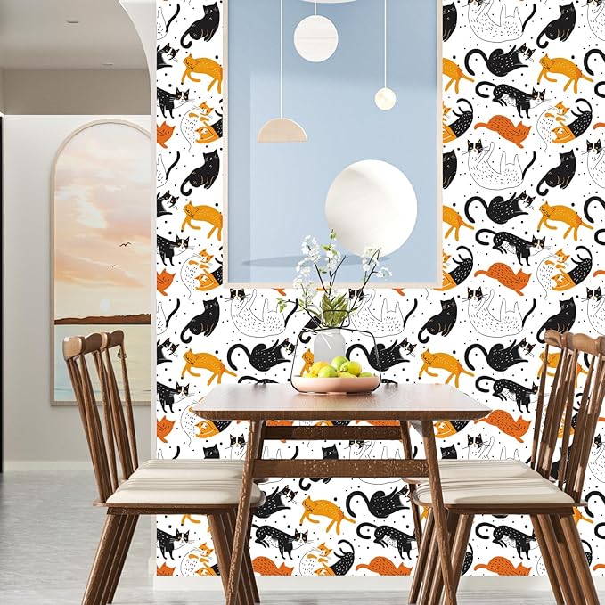 Cat Peel and Stick Wallpaper Boho Leaf Contact Paper Cute Animal Removable Self Adhesive Waterproof Wall Paper for Cabinet Drawers Wall Decor Renter Friendly 17.5''x118''