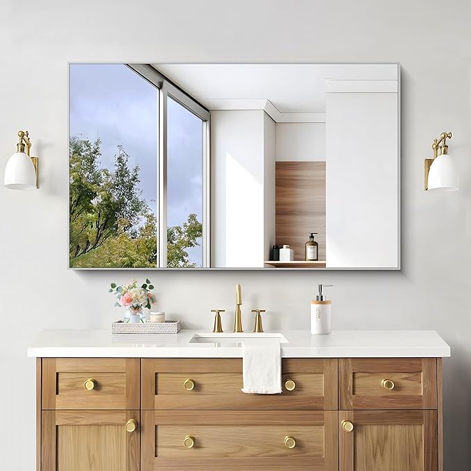 KOCUUY Silver Bathroom Mirror, 48"x30" Rectangle Bathroom Mirror for Wall, HD Tempered Glass, Anti-Rust Brushed Silver Frame, Modern Design for Bathroom, Bedroom, Living Room, Entryway.