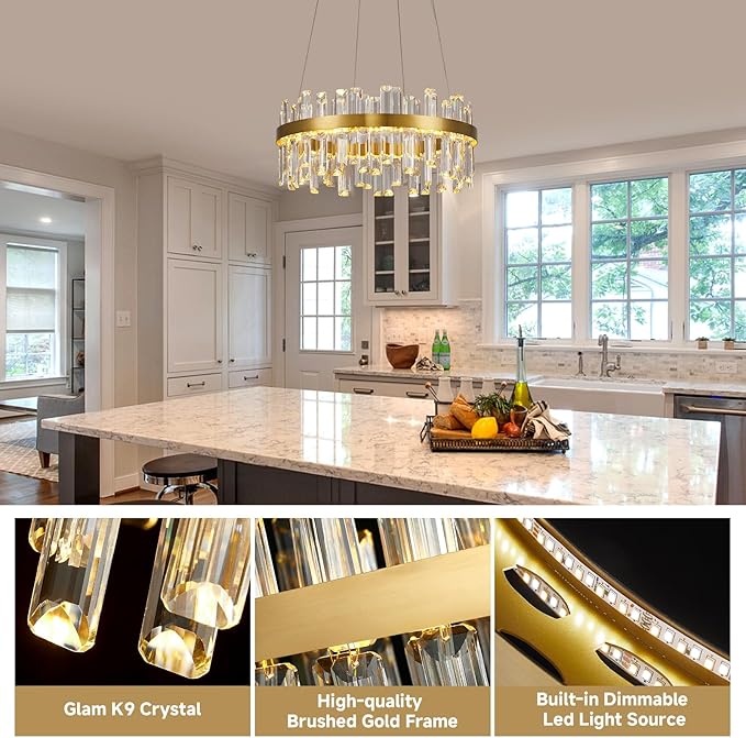 Modern Gold Crystal Led Chandelier: 19.7" Dimmable 3 Color Round Contemporary Dining Room Light Fixture over Table - K9 Adjustable Chandeliers Lighting for Bedroom Living Kitchen Island Entryway Foyer