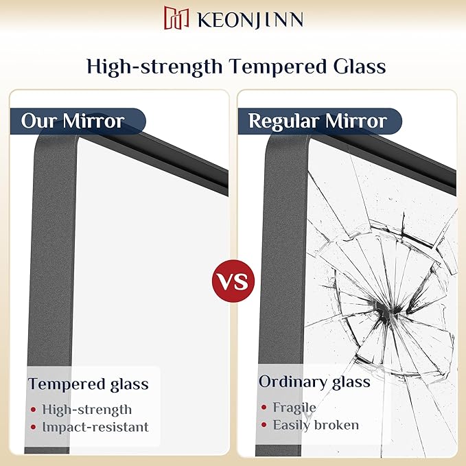 Keonjinn Black Bathroom Mirror for Over Sink, 48” x 36” Large Matte Black Mirrors for Wall, Rounded Rectangle Farmhouse Vanity Mirror, HD Tempered Glass Modern Decorative Mirror(Horizontal/Vertical)