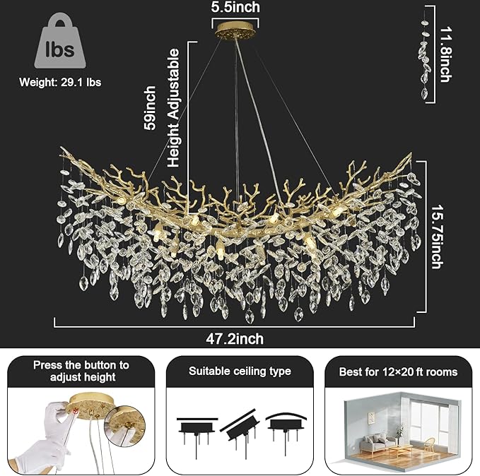 Modern Crystal Chandelier for Dining Room, 47" Gold Tree Branches Chandeliers 14 Lights Large Rectangular Chandeliers for High Ceilings Hanging Lights Fixture Master Bedroom Chandelier