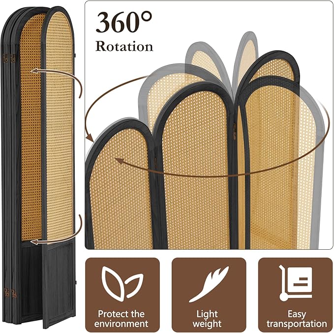 6 Panel Rattan Room Divier, Room Divider Panel and Folding Privacy Screens, Room Divider Wall, Solid Wood Frame, Partition Room Dividers, Bedroom, Lounge, Black