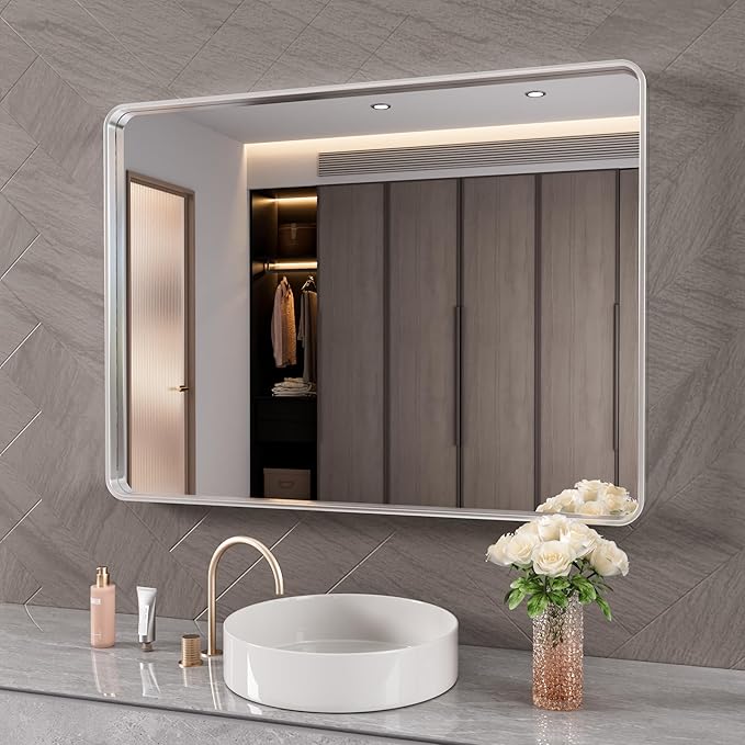 Brushed Nickel Bathroom Mirror 48x30 Inch, Brushed Silver Metal Frame Mirror Wall Mounted, Rounded Rectangle Bathroom Vanity Mirror, Tempered Glass, Anti-Rust, Horizontal/Vertical