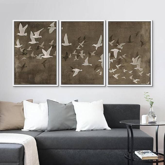 MUDECOR Framed Wall Art Print Set Flock of Abstract Birds in Flight Earthy Tones Illustrations Modern Art Boho Decorative Colorful Chic for Living Room, Bedroom, Office - 24"x36"x3 White