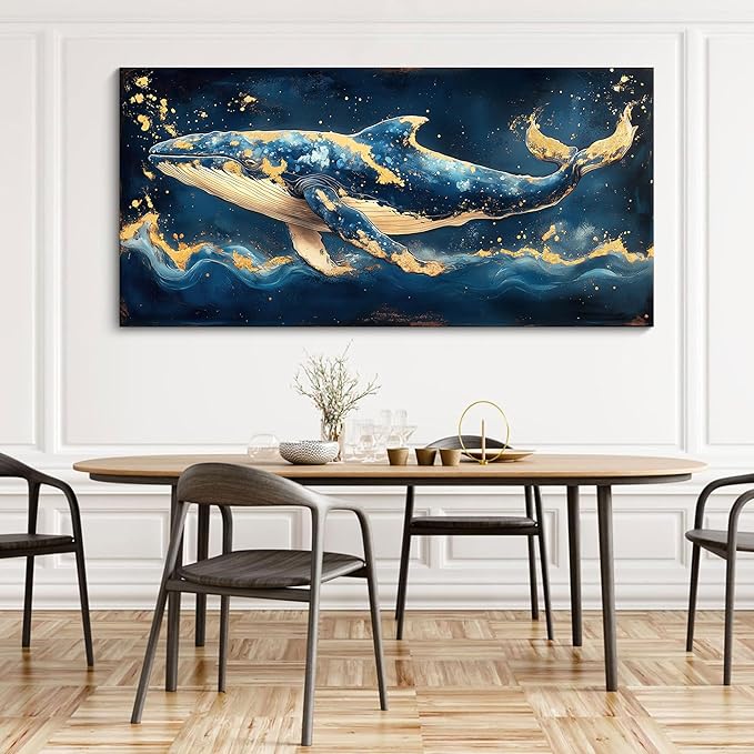 JEAWA Large Canvas Wall Art - Marine Animal Painting Wall Decor, Blue White Gold Whale Picture, Modern Art Prints for Living Room Bedroom Bathroom Home Decoration, 29x58 IN
