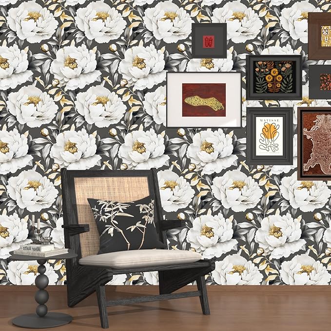 Boho Wallpaper Peel and Stick Dark Floral Wallpaper for Cabinet 17.5x118in Waterproof Removable Modern Large Flowers Leaf Wall Paper for Room Walls Bathroom Decor