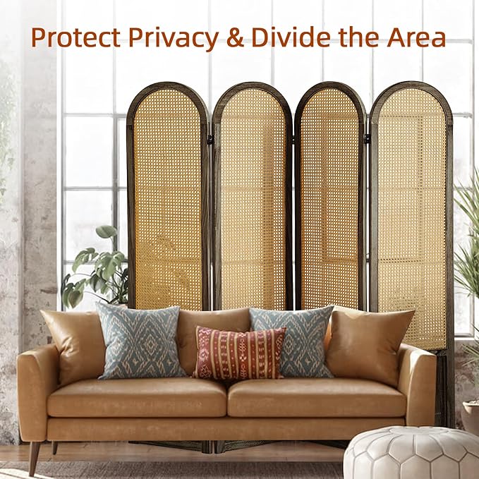 4 Panel Room Dividers and Folding Privacy Screens, Hand-Made Rattan Room Divider with Bi-Directional Hinge, Pre-Assembled Wood Room Divider Wall for Home Office Bedroom, Dark Brown