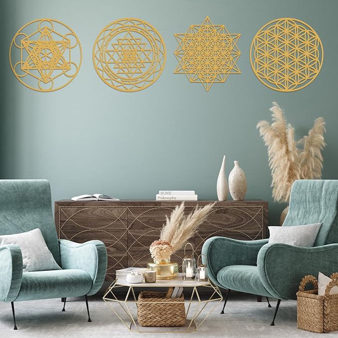 Leinuosen 4 Pcs 12 Inch Crystal Grid Board Sacred Geometric Wall Art Set Metatron Cube, Flower of Life, Sri Yantra, 64 Star Tetrahedron Pagan Decor Home Wall Decor for Room(Gold)