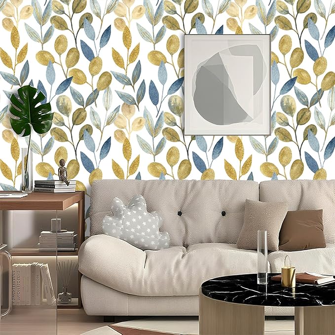 Blue Gold Leaf Peel and Stick Wallpaper Modern Self Adhesive Contact Paper Waterproof Removable Wall Paper for Bathroom Cabinets and Drawers 17.7"x70.8" Luxury Decorative Wallpaper