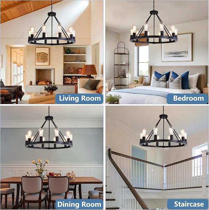 9MMML 10 Lights Wagon Wheel Chandelier, Black Round Globe Wrought Iron Pendant Lights for Dinging&Living Room Kitchen Island Porch Enteyway Hallway,Dia26.4,E26 Bulbs, Heights Adjustable