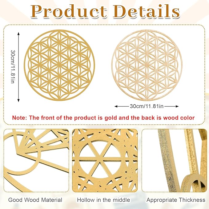 Leinuosen 4 Pcs 12 Inch Crystal Grid Board Sacred Geometric Wall Art Set Metatron Cube, Flower of Life, Sri Yantra, 64 Star Tetrahedron Pagan Decor Home Wall Decor for Room(Gold)