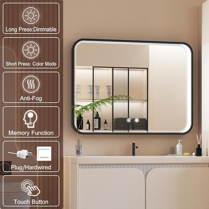 48x36 Inch Black LED Bathroom Mirror with Lights, 3000K/4500K/6000K, Wall Mounted Lighted Vanity Mirrors for Bathroom, Stepless Dimmable, Memory Funtion, Anti-Fog, Horizontal/Vertical
