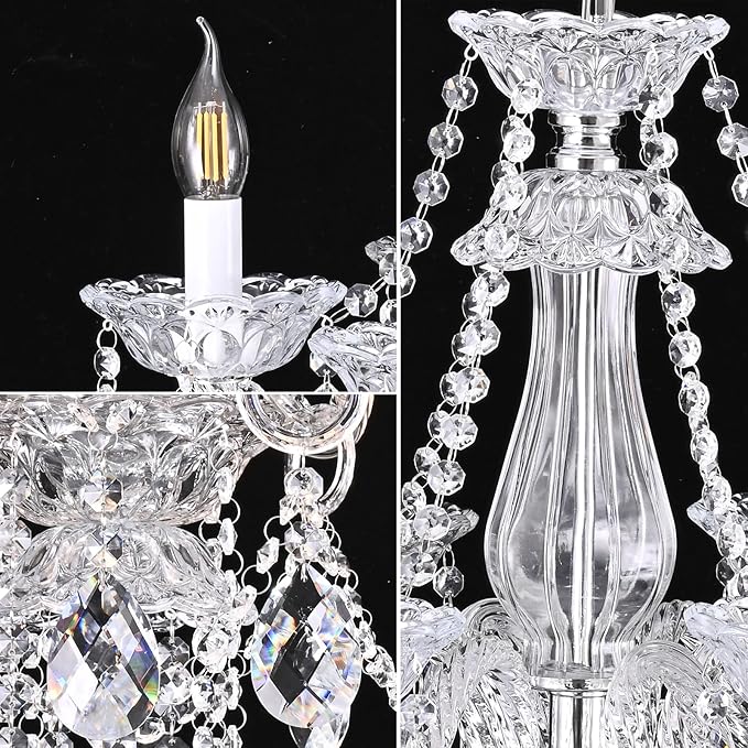 Modern Crystal Chandelier with 6 E12 Sockets, Adjustable Chain, Elegant K9 Crystal Lighting Fixture for Living Dining Room, Foyer