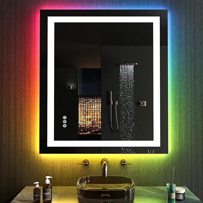 LOAAO 20"X28" LED Bathroom Mirror with Lights, Anti-Fog, Dimmable, RGB Backlit + Front Lighted, Bathroom Vanity Mirror for Wall, Memory Function, Waterproof, Tempered Glass
