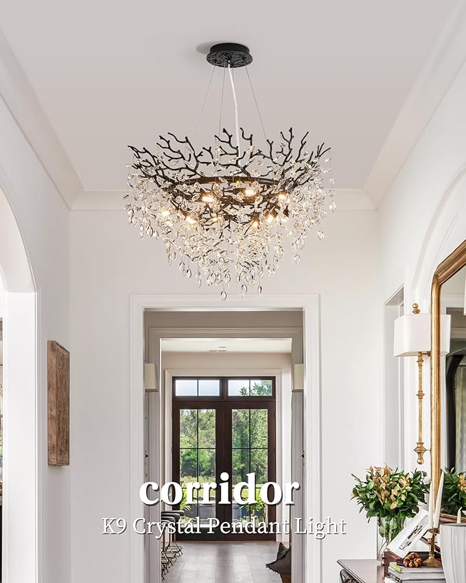 Modern Crystal Chandelier for Dining Room, 31.5" Black Tree Branch Chandeliers, 10-Light Luxury K9 Crystal Round Chandeliers for Kitchen Island Living Room
