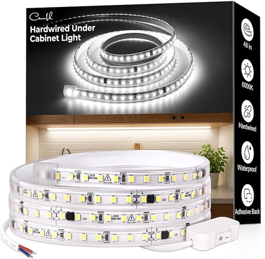 48inch Hardwired Under Cabinet Lighting for Kitchen,120V Wired Undercounter Led Strip Lights 6000K White Waterproof, Luces para Cocina Bajo Gabinete Under Shelf Lights for Sink/Workbench