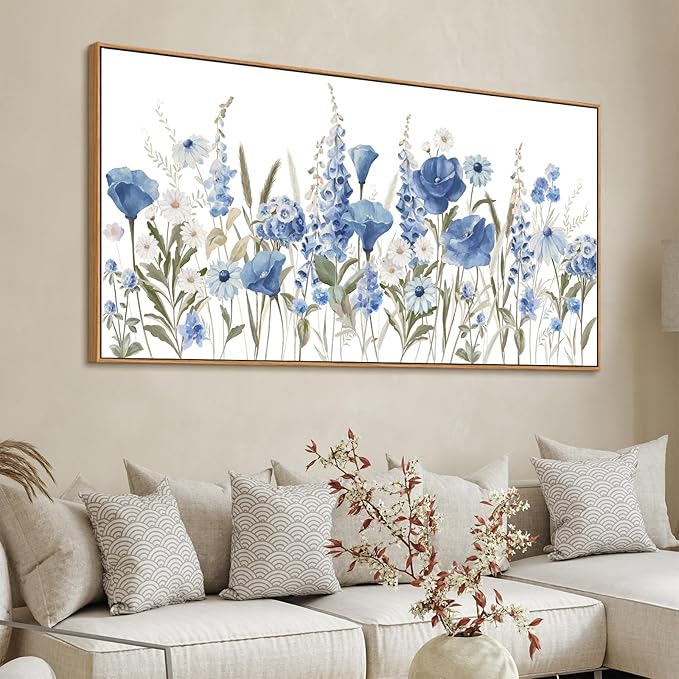 arteWOODS Elegant Flowers Framed Wall Art - Blue White Botanical Pictures for Wall Decor Floral Blossom Canvas Painting Print Artwork for Living Room Bedroom Home Office Wall Decoration 29" x 58"