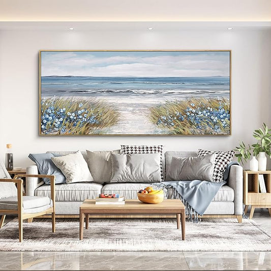 XLSJERST Large Framed Wall Art for Living Room Decor - Farmhouse Boho Beach Coastal Vintage Floral Ocean Wall Picture Flowers Sea Canvas Print Artwork for Home Bedroom Office 86x39 Inches