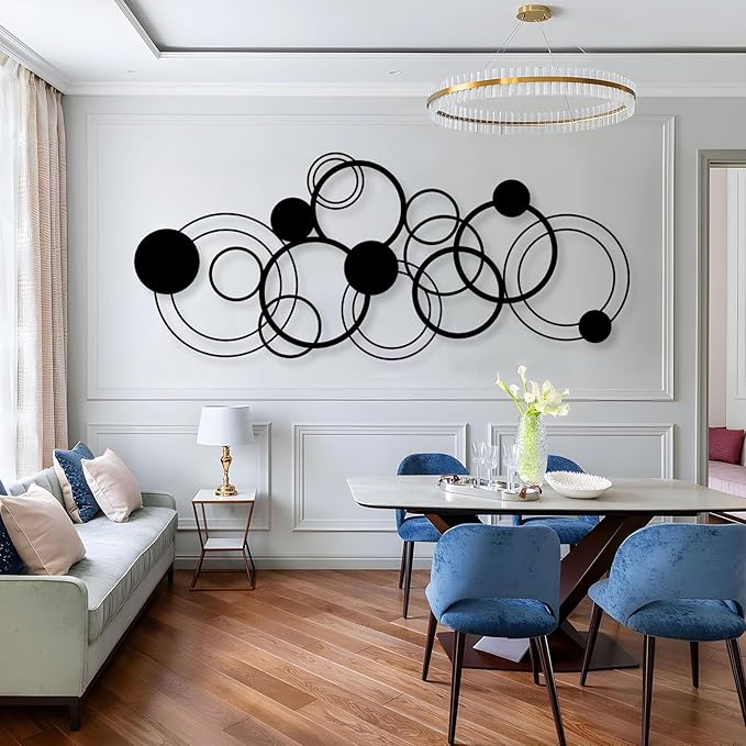 Abstract Circles Metal Wall Art, Geometrical Metal Wall Decor, Gold Circle Decorations, Circular Geometric Artwork, Large Rectangle Sign, Modern Minimalist Home Decor (White, 48"x20" | 121x51cm)