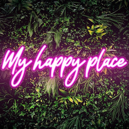 Kavaas My Happy Place Neon Signs 16.9" x 5.9", Pink LED Light Up Signs for Wall Decor | My Happy Place Sign for Girls Bedroom, Bar, Office, Dorms