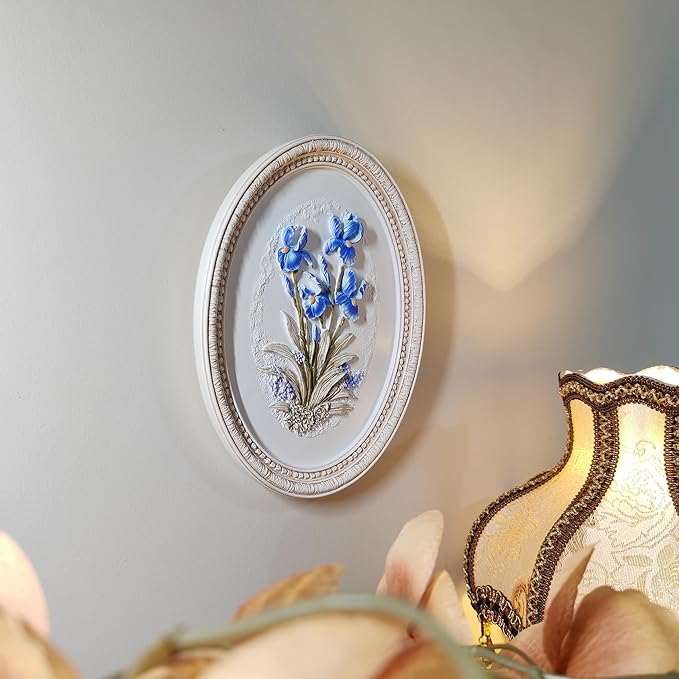 Kangce Vintage Wall Sculptures,Antique Wall Art with Hand-Carved Iris Pattern, Victorian Home Decor,for Living Room, Bedroom,Hallway Gallery,Oval,Blue