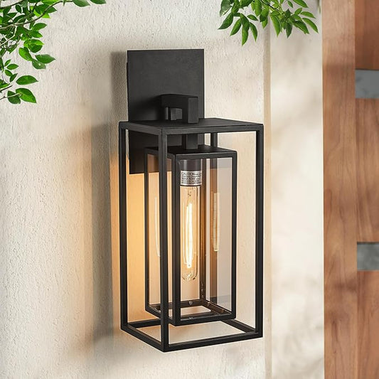18"Ht Modern Industrial Outdoor Wall Light Fixture with Textured Black Anti-Rust Metal and Clear Glass, Wet Rated for Exterior House Porch Patio Outside Deck Garage Yard Front Door Garden