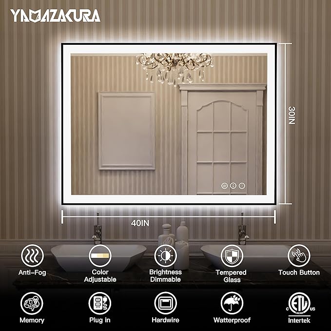 LED Bathroom Mirror 40x30 with Backlit and Front Lighted, Framed Dimmable Illuminated Mirror for Wall Anti-Fog Shatterproof (Horizontal/Vertical)