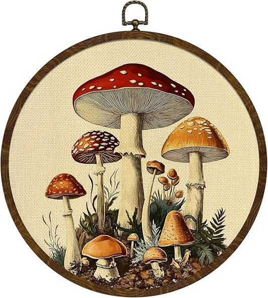 KLYTINK Vintage Fantasy Mushroom Wall Art, Round Canvas Wall Hanging Decor, Fantasy Forest Botanical Illustration, for Living Room,Bedroom,office 10x10 Inch(MG03)