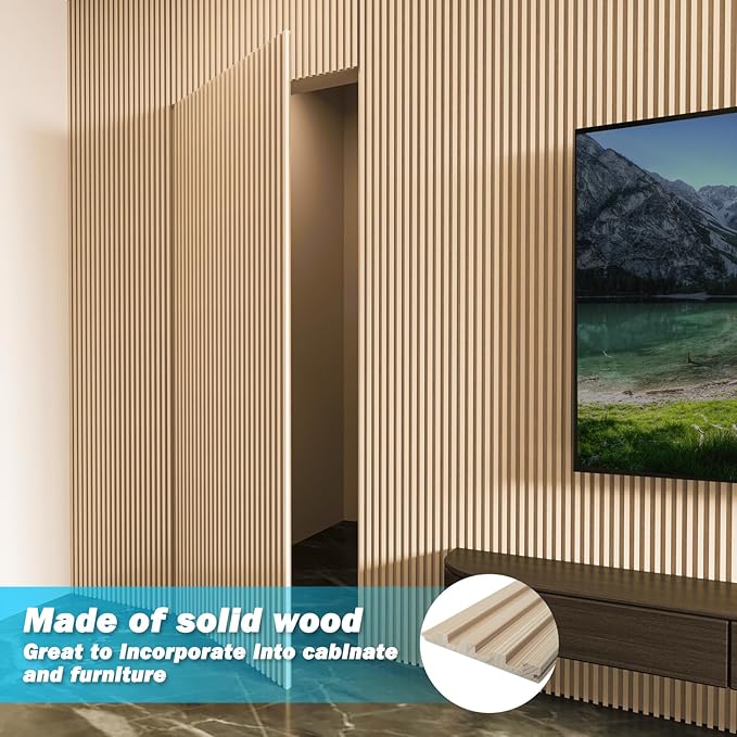 Art3d Slat Wood Wall Paneling for Interior and Ceiling Decoration - Pack of 4pcs + 1pc End-Trim, Size 108 x 5.7in.- Ashtree