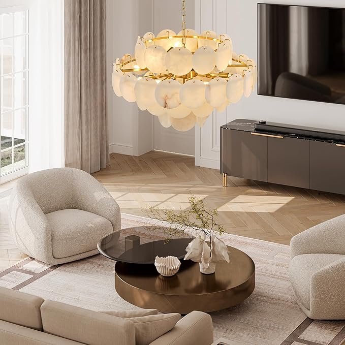 Natural Alabaster Round Chandelier, 31.5" Modern Marble Chandelier with 50 Stone Texture Panels, 12-Light Dimmable Spanish Alabaster Chandeliers for Living Room, Dining Room, Hallway