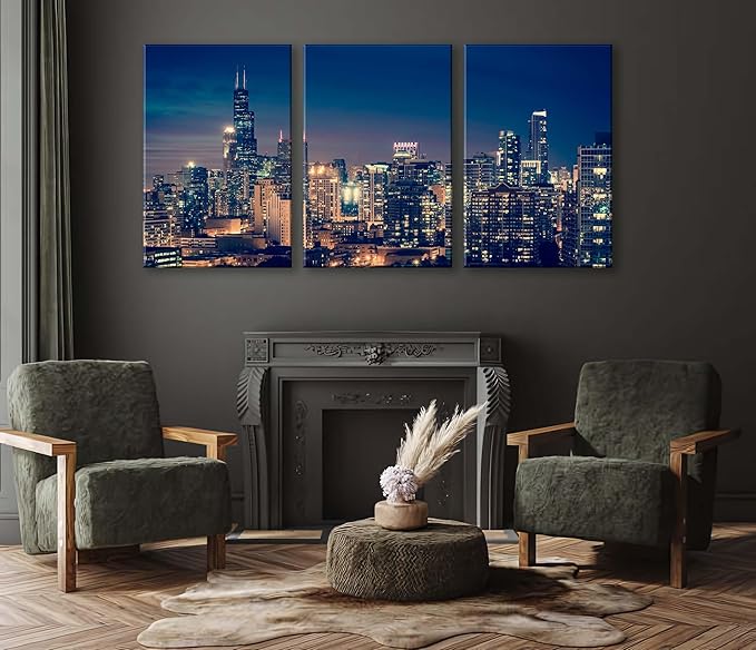 NAN Wind Modern Canvas Painting Chicago Skyline at Night Wall Art Cityscape Picture Print on Canvas Blue City Cool Building Giclee Artwork for Home Office Living Room Bedroom Decoration Framed