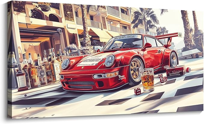 JEAWA Canvas Prints Wall Art - Red Car Canvas Wall Art, Modern Art Wall Decor for Bedroom Bathroom Dining Room Home Office, Funny Painting for Wall Decoration, 20 x 40 In
