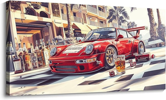 JEAWA Canvas Prints Wall Art - Red Car Canvas Wall Art, Modern Art Wall Decor for Bedroom Bathroom Dining Room Home Office, Funny Painting for Wall Decoration, 20 x 40 In