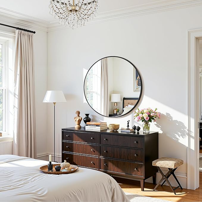 Antok Wall Mirror, 20"x20" Bathroom Vanity Mirror, Anti-Rust HD Tempered Glass, Wall Mounted Mirrors for Living Room, Entryway, Black Frame, Round