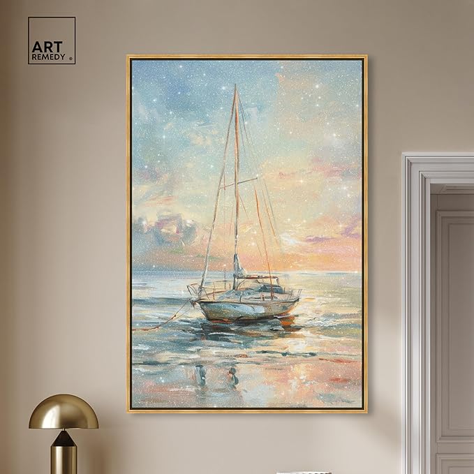 Art Remedy Boat On The Shore Framed Sailing 1 Piece Canvas Wall Art, 37.5" x 55.5", Gold Frame