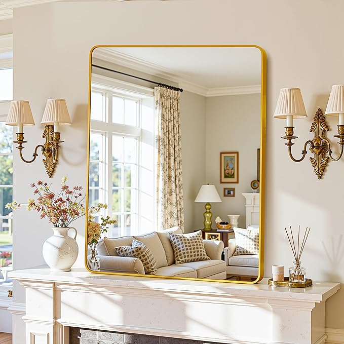 Antok Wall Mirror, 22"x30" Bathroom Vanity Mirror, Anti-Rust HD Tempered Glass, Wall Mounted Mirrors for Living Room, Entryway, Gold Frame, Rect