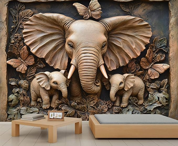 African Elephants Mural Wallpaper, Greek Reliefs Murals, Butterflies Flowers Murals Wallpaper for Living Room Bedroom Home Decor Mural - 78.7" W x 55.23" H (Not Peel Stick)