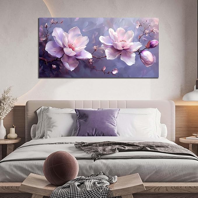 ANCXWOTER Botanical Wall Art Pink Purple Flower Artwork Modern Floral Canvas Prints for Living Room Bedroom Office Kitchen 24"x48"