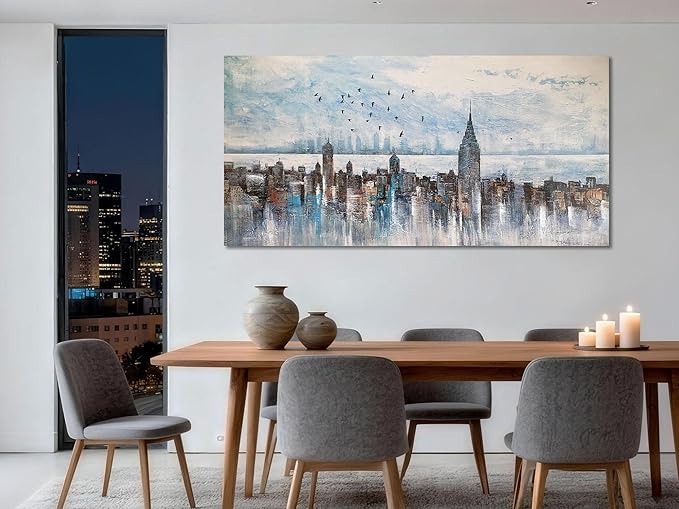 Arjun Cityscape Wall Art New York City Skyline Picture Modern Abstract Grey NYC Skyline Painting Framed Artwork for Bedroom Living Room Home Office Decor, Large 48"x24"
