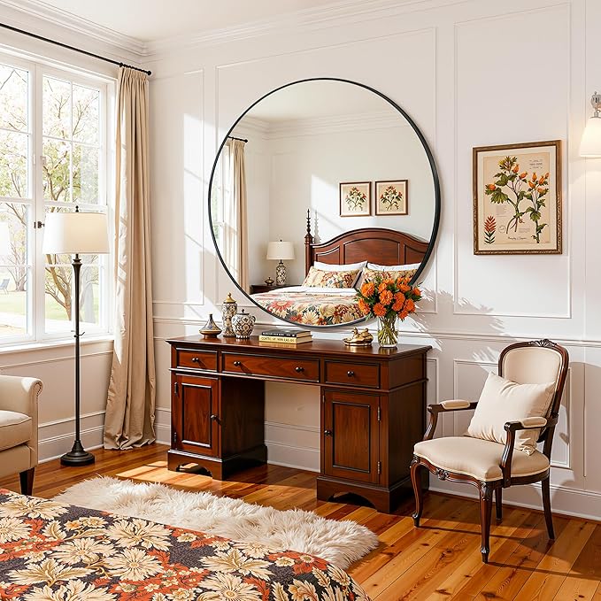 Antok Wall Mirror, 30"x30" Bathroom Vanity Mirror, Anti-Rust HD Tempered Glass, Wall Mounted Mirrors for Living Room, Entryway, Black Frame, Round