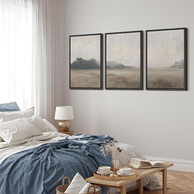 MUDECOR Framed Wall Art Print Set Serene MeadowTranquil Landscape with Foggy Fields and Distant Trees Illustrations Realism Decorative for Living Room, Bedroom, Office - 24"x36"x3 Black