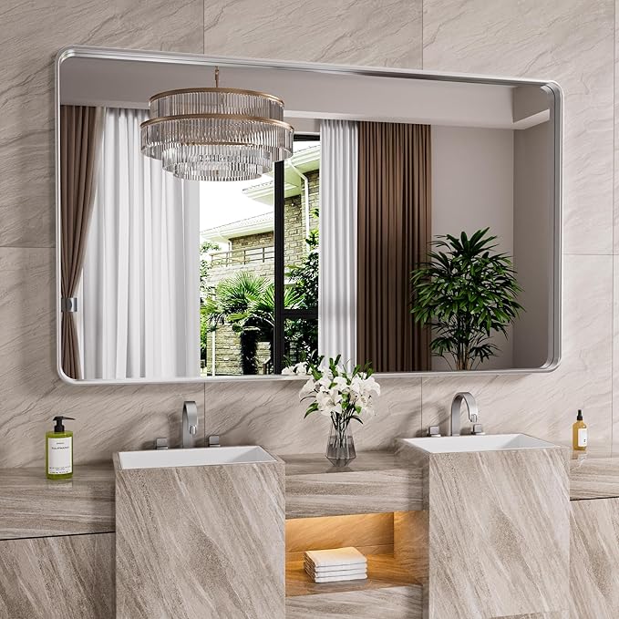 Brushed Nickel Bathroom Mirror 77x36 Inch, Brushed Silver Metal Frame Mirror Wall Mounted, Rounded Rectangle Bathroom Vanity Mirror, Tempered Glass, Anti-Rust, Horizontal/Vertical