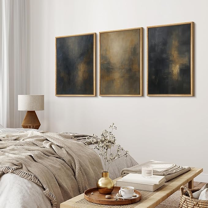 MUDECOR Framed Wall Art Print Set Dark Abstract Modern Contemporary in Navy Blue and Gold Brushstrokes Illustrations Modern Art Decorative for Living Room, Bedroom, Office - 16"x24"x3 Natural