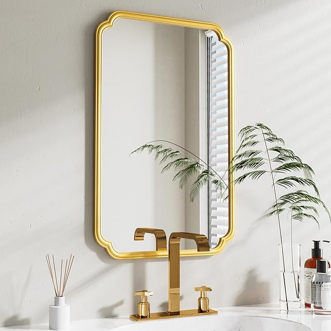 22x34 Inch Gold Bathroom Mirror, Metal Framed Wall Mirror with Rounded Edges, Rustproof Horizontal Vertical Hanging for Vanity Over Sink