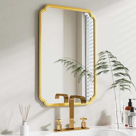 22x34 Inch Gold Bathroom Mirror, Metal Framed Wall Mirror with Rounded Edges, Rustproof Horizontal Vertical Hanging for Vanity Over Sink