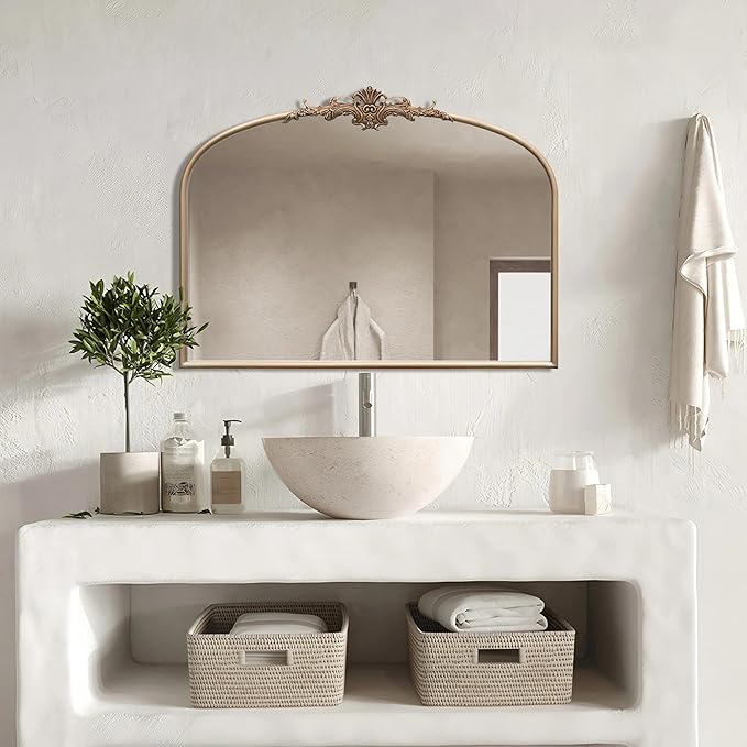 Arched Vintage Gold Mirror: 32"x24" Large Champagne Gold Antique Wall Mounted Mirror - Baroque Traditional Ornate for Fireplace/Bathroom/Living Room - Christmas Idea Gifts for Women